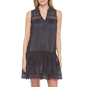 Rebecca Taylor Sleeveless Stripe Silk Dress in Grey sz 4 Crochet Lace Drop Waist